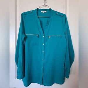 Calvin Klein Women Shirt Long Sleeve Button Front Zipper Pockets Size L